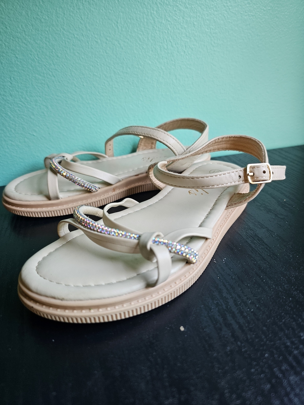 Chuli's  Cream Strappy Sandals with Rhinestone Accent Little Kids Sz 12